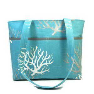 Aqua Tote Purse, Womens Shoulder Bag, Medium Tote Bag, Coral Print Purse, Fabric